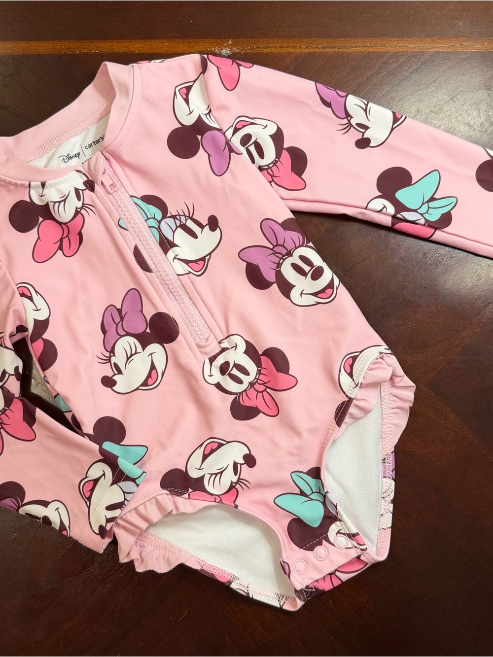 Disney Pink Minnie Mouse Long-Sleeve Kids Swim One-Piece with Bows